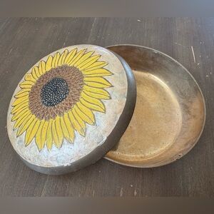 Vintage Round Sunflower Decorative Brass Trinket Box - Yellow Sunflower Lid